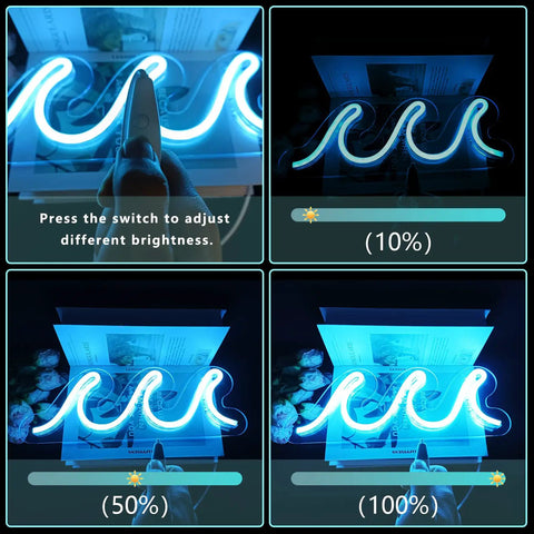 Ice Blue Neon Wave Sign For Bedroom Decor USB Powered With Dimmer And Switch showing brightness levels from 10% to 100%.