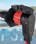 Close-up of waterproof trolling motor plug and receptacle with red 8 AWG 2-wire quick-connect on a boat motor
