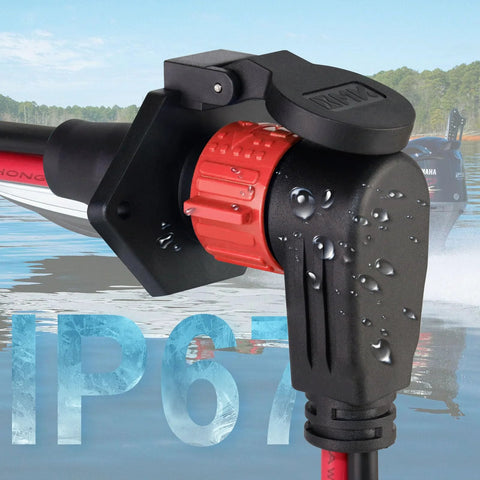Close-up of waterproof trolling motor plug and receptacle with red 8 AWG 2-wire quick-connect on a boat motor