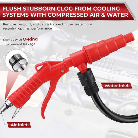 Heavy Duty Coolant Flush Gun Kit With Garden Hose Coupler And Air Line Splitter For Heater Core Backflush and Radiator Cleaning includes air and water inlets.