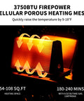 Portable 3-in-1 Butane Camping Heater With 3750 BTU Firepower, cellular porous heating mesh detail, heats 54-108 sq ft.