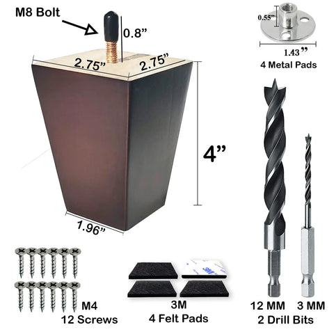 4 Inch Furniture Legs Set Of 4 Replacement For Couch Legs And Sofa Feet Wooden Chair Legs Dresser Cabinet Wood Feet Upgrade Kit with drill bits and screws
