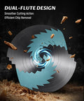 Sawmill blade with dual-flute design, surrounded by wood shavings, demonstrating smoother cutting and chip removal.