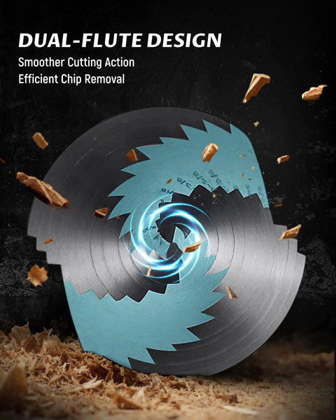 Sawmill blade with dual-flute design, surrounded by wood shavings, demonstrating smoother cutting and chip removal.