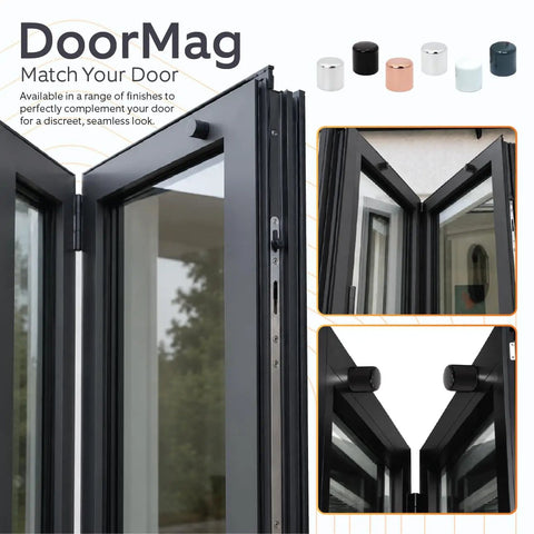 Heavy Duty Magnetic Bifold Door Catch Holder With Strong Magnet Stopper, Black mounted on bifold doors for secure holding.