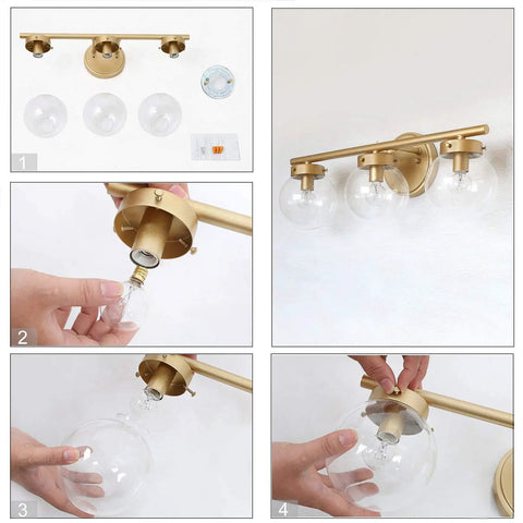 Hand Painted Vanity Light Fixtures With Clear Globe Glass Shades, Dope Modern Bathroom Lighting, assembly instructions