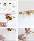 Collage showing assembly of Gold Vanity Light Fixture For Bathroom With Clear Glass Shades Modern Rustic Over Mirror Sconce