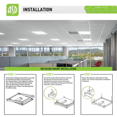 Edge Lit 2x2 LED Panel Light installation guide, showing dimmable 22W 2956LM 4000K bright white lighting in office drop ceiling.