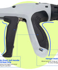 Ergonomic Cable Tie Gun For Heavy Duty Zip Ties Featuring Adjustable Tension Control and Precision Flush Cut, showing slip-proof handle.