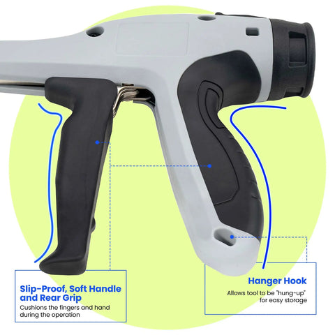Ergonomic Cable Tie Gun For Heavy Duty Zip Ties Featuring Adjustable Tension Control and Precision Flush Cut, showing slip-proof handle.