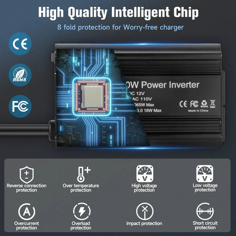 Heavy Duty 400W Power Inverter Transforms 12V DC To 110V AC With Dual Outlets And PD 65W USB C Plus QC 18W Port Straight Up Built Different For Camping Road Trips And Laptop Charging Black with intelligent chip details.