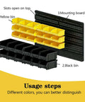 Wall Mounted Storage Bins 30 Compartment Tool Organizer Rack For Tools Hardware Crafts Office Supplies And More Black And Yellow Grab And Go Easy Access Plastic Containers, image shows yellow and black bins on a mounting board.