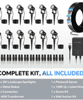All In One Low Voltage LED Landscape Lighting Kit With 12 Warm White 3000K Spotlights, 60W Transformer, 100Ft Wire