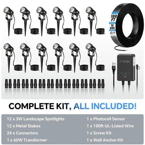 All In One Low Voltage LED Landscape Lighting Kit With 12 Warm White 3000K Spotlights, 60W Transformer, 100Ft Wire