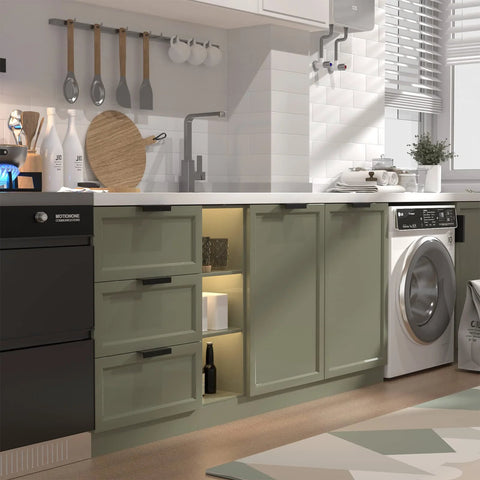 Matte Black Finger Pulls For Cabinets And Edge Drawer Handles For Kitchen, shown on olive cabinets, 5 inch hole centers, side view