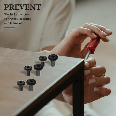 Hands using red screwdriver with 20 Piece Black Iron Socket Design Furniture Connectors Bolts And Nuts Kit for secure assembly