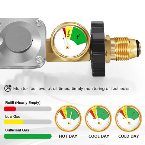 GasSaf 5ft brass two-stage propane regulator with hose and gauge; POL connection for 5–100 lb tanks