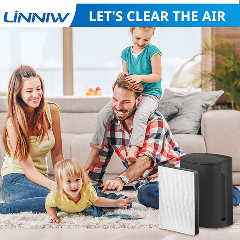 Family playing near black air purifier with Must Have 4 Pack F2 A2 Replacement Filter For 3M Filtrete Room Air Purifier Models.