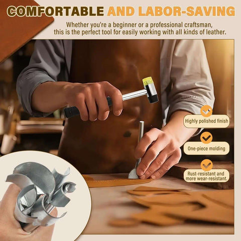 Man using 7 Piece Leather Corner Punch Set With Half Depth Round Cutters for leathercraft projects, focusing on cutting tool use