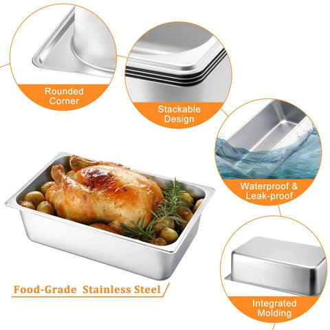 Four Pack Full Size 6 Inch Deep Steam Table Pans Stainless Steel Serving Trays with roast chicken and features highlighted
