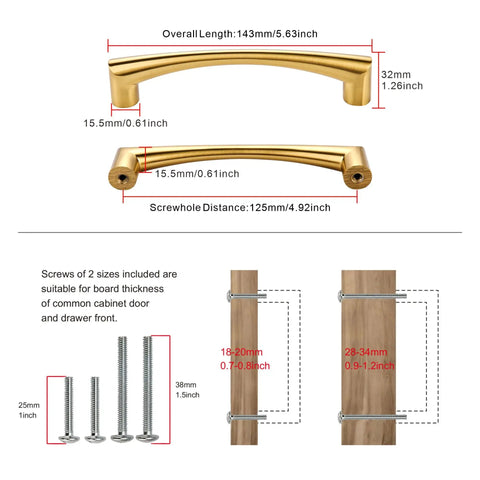 Dimensions and screws for 10 Pack 5 Inch Champagne Bronze Cabinet Handles And Drawer Pulls - Solid Zinc Alloy Kitchen Cabinet Hardware