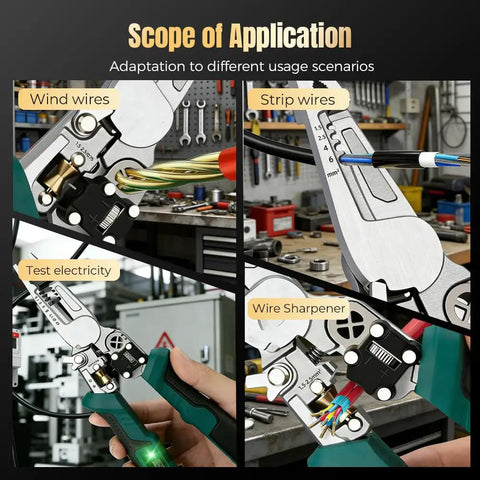 Close-up of 8 In 1 Wire Stripper Pliers With Voltage Tester for cutting, crimping, pulling, and wiring in use