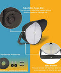 Close-up of adjustable angle dial on Badass 1200W LED Stadium Flood Light with yoke bracket and hardware accessories.