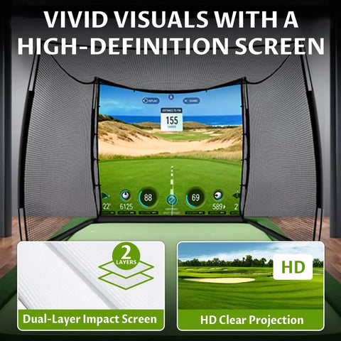 Spacious 11x8ft Golf Simulator Hitting Net With Dual Layer HD Impact Screen highlighting vivid visuals and HD projection.