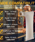 Wide compatibility chart for Heavy Duty Dust Collector Bag For 10 Inch Table Saws With Two And A Half Inch Dust Port