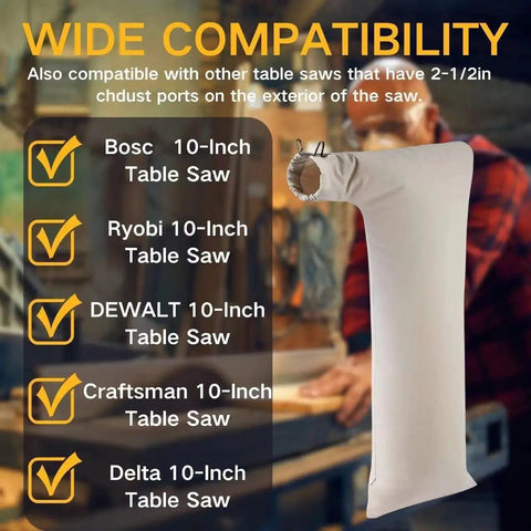 Wide compatibility chart for Heavy Duty Dust Collector Bag For 10 Inch Table Saws With Two And A Half Inch Dust Port