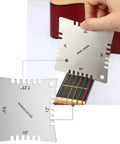 Person using notched radius gauge on guitar neck from 17 Piece Guitar Setup Kit For Electric And Acoustic Guitars With Notched Radius Gauges Neck.