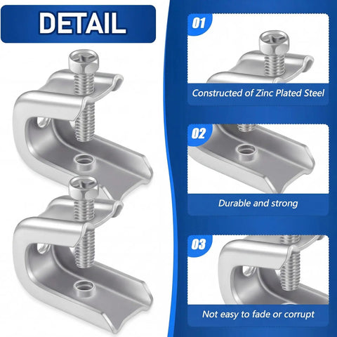 Built Tough Heavy Duty Steel Beam Clamps 100 Pack Zinc Plated C Clip Fasteners close-up showing durable zinc plated clips and screws.