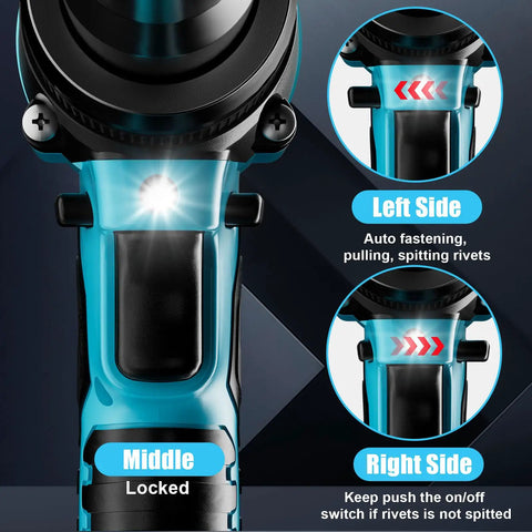 Straight Up Heavy Duty Knockout Brushless Cordless Rivet Gun Compatible With Makita 18V Battery Tool Only showing controls and LED light.