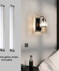 Black Crystal Wall Sconce Light Sleek Modern Indoor Wall Lighting For Living Room Hallway Bedroom Bathroom Stairway 10 Inch Single Sconce With Crystal Sparkle And Sturdy Metal Base, shown in living room with extra glass strips included.