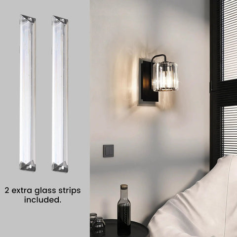 Black Crystal Wall Sconce Light Sleek Modern Indoor Wall Lighting For Living Room Hallway Bedroom Bathroom Stairway 10 Inch Single Sconce With Crystal Sparkle And Sturdy Metal Base, shown in living room with extra glass strips included.