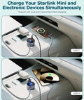 Premium 3 In 1 Car Power Hub Delivering Sweet 63W Dc Juice charging Starlink Mini and devices in stylish car console.