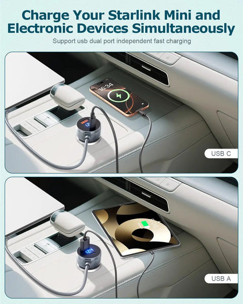 Premium 3 In 1 Car Power Hub Delivering Sweet 63W Dc Juice charging Starlink Mini and devices in stylish car console.