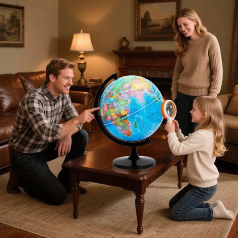 Family exploring Hands On 12 Inch World Globe Kit With Stand For Home Office And Classroom Learning Geography Education Blue DIY Assembly