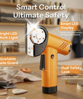 Close-up of Automatic Electric Scissors for Fabric and Carpet Cutting with bright LED and adjustable safety features.