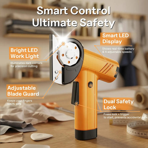 Close-up of Automatic Electric Scissors for Fabric and Carpet Cutting with bright LED and adjustable safety features.