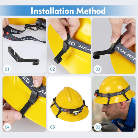 Installation steps for 16Pcs Hard Hat Light Clips for Headlamps, showing anti-slip buckle design on a yellow hard hat.