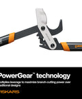 Close-up of 32 Inch Steel Blade Bypass Lopper for Tree Trimming Heavy Duty With PowerGear2 Technology below two lopper arms.