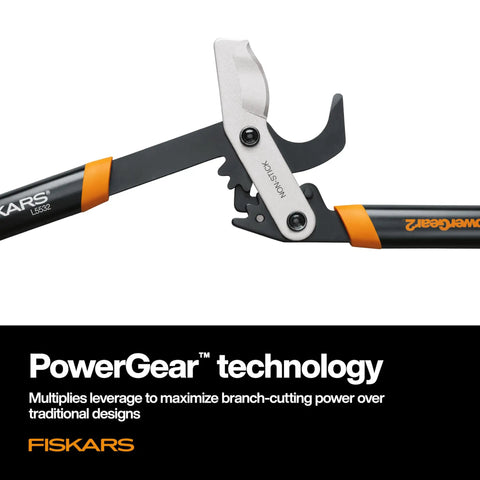 Close-up of 32 Inch Steel Blade Bypass Lopper for Tree Trimming Heavy Duty With PowerGear2 Technology below two lopper arms.