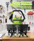 18 Inch Electric Tiller Cultivator With 13.5 Amp Motor on workbench, showing foldable handles and steel tines, in a workshop setting