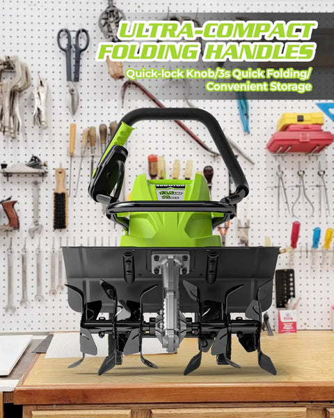 18 Inch Electric Tiller Cultivator With 13.5 Amp Motor on workbench, showing foldable handles and steel tines, in a workshop setting