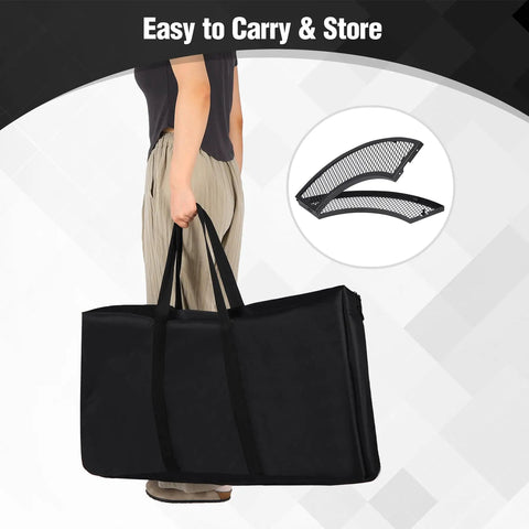 Person carrying 35 Inch Portable Fire Pit Surround Tabletop Round Shield in black bag, showcasing easy transport.