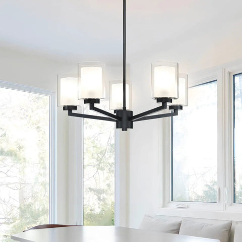 Black 5 Light Farmhouse Chandelier Pendant Light With Dual Glass Shades Adjustable Hanging Dining Room Fixture Over Table