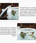 Big Capacity Chinese Ceramic Rice Jar With Airtight Lid Dispenser Keeps Your Favorite Grain Stash Fresh And Crisp For Easy Kitchen Pantry Organization Gorgeous Floral Pattern, close-up of lid and mouth detail.