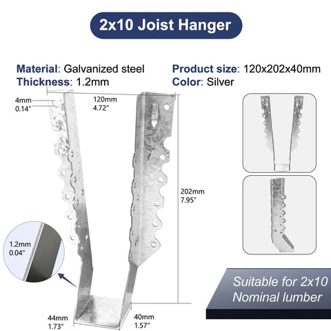 Premium Galvanized 2x10 Joist Hanger Bracket For Wood Decking And Framing 18 Gauge Face Mount Built Tough Rust Resistant And Heavy Duty Easy Install Great For Decks Floors Rafters Ceilings 20 Pack