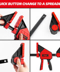 Heavy Duty Twenty Four Inch Bar Clamps Set With Five Hundred Fifty Pound Rock Solid Grip For Woodworking And Carpentry No Sweat One Handed Quick Change Spreader Tool For Diy Workshop Gear, showing quick button change to a spreader.